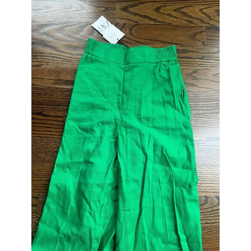 Zara women’s wide leg linen blend pants Sz. XS bold green NWT